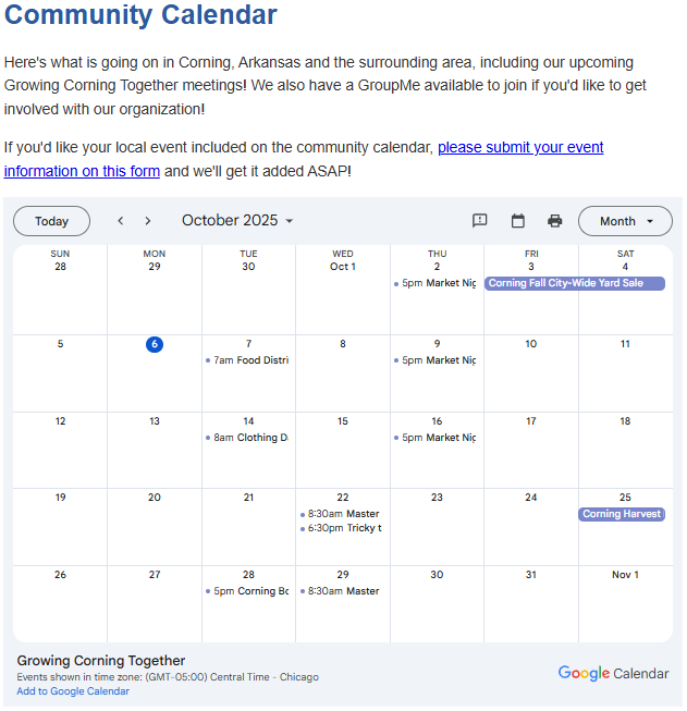 Growing Corning Together Community Calendar